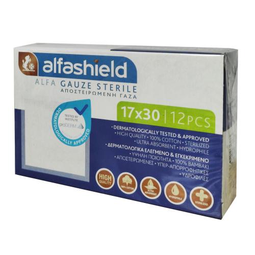 AlfaShield Alfa Gauze Sterile 17x30cm Αποστειρωμένη Γάζα με Υδρόφιλο Βαμβάκι 12 Τεμάχια